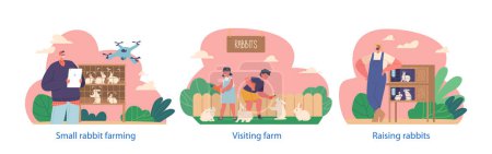 Ilustración de Escenas aisladas con el carácter de los agricultores crían conejos para el ganado proporcionando un refugio adecuado, alimentándolos con alimentos nutritivos. Niños jugando con conejos en la granja. Dibujos animados Gente Vector Ilustración - Imagen libre de derechos