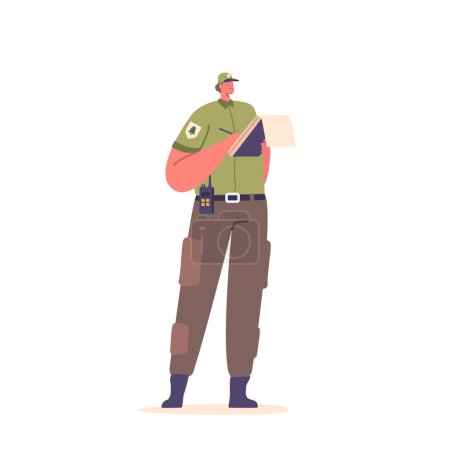 Illustration for Forester Ranger Character Writes In Notepad, Issue Fine, Documenting Plant Growth, Wildlife Presence And Environmental Factors, Developing Sustainable Management Plans. Cartoon Vector Illustration - Royalty Free Image