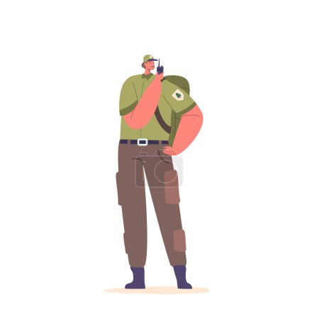 Illustration for Ranger Forester Character Using Walkie-talkie To Communicate In Forest, Monitoring And Coordinating Tasks With Colleagues, Keeping Forest Safe And Protected. Cartoon People Vector Illustration - Royalty Free Image
