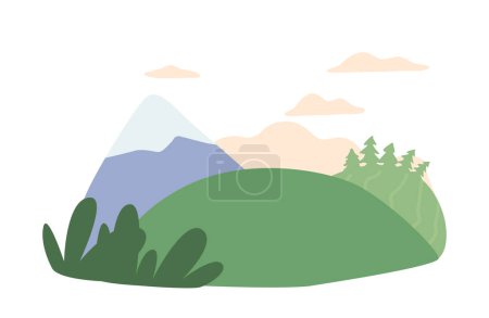 Illustration for Green Field Stretches Into The Distance, Dotted With Bushes, Against A Backdrop Of Towering Mountain Peak. The Bright Sky And Fluffy Clouds Complete The Idyllic Scenery. Cartoon Vector Illustration - Royalty Free Image