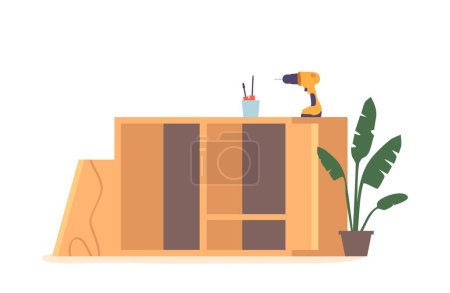 Illustration for Assembly Wooden Furniture Concept with Shelf and Drill with Screwdriver Instruments. Process Involves Constructing Furniture From Individual Components. Cartoon Vector Illustration - Royalty Free Image