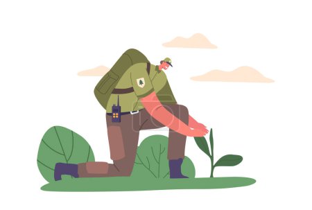 Illustration for Ranger Forester Character Nurture Sprout By Planting In Suitable Soil, Monitoring Water And Sunlight Needs, Control Afforestation Process in Woodland. Cartoon People Vector Illustration - Royalty Free Image