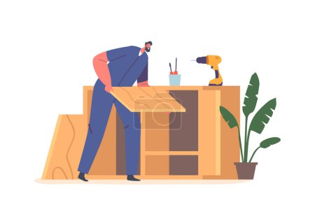 Illustration for Worker Male Character Assembling Wooden Furniture Using Tools And Fasteners. Man Grouping Parts, Fitting And Securing Joints, And Finishing Surfaces. Cartoon People Vector Illustration - Royalty Free Image