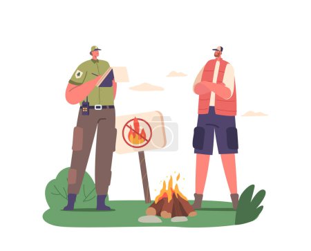 Illustration for Ranger Forester Character Issues Fine For Man Intruder Burning Campfire In Forest. Environmental Laws Prohibit Open Fires In Forest Areas To Prevent Wildfires. Cartoon People Vector Illustration - Royalty Free Image