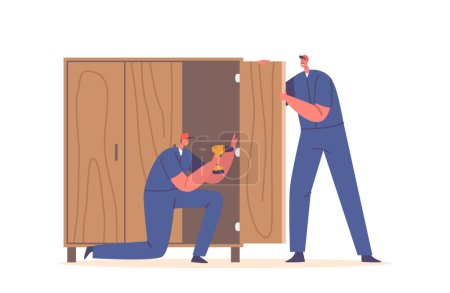 Illustration for Worker Characters Assemble Wooden Furniture Using Drill. They Follow Instructions, Attach Doors And Hardware, And Ensure That The Pieces Fit Together Correctly. Cartoon People Vector Illustration - Royalty Free Image