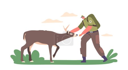 Téléchargez les illustrations : Ranger Forester Character Feeding Deer, donnant de la nourriture aux animaux sauvages dans leur habitat naturel. Efforts de gestion, de préservation et de protection des espèces sauvages pour des écosystèmes durables, illustration - en licence libre de droit