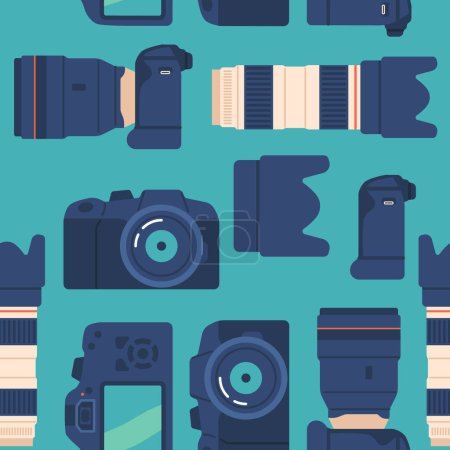 Illustration for Seamless Photo Camera And Lens Pattern, Perfect For Photography Enthusiasts And Professionals. Featuring Various Camera Designs And Lenses In A Repeating Ornament. Cartoon Vector Illustration - Royalty Free Image