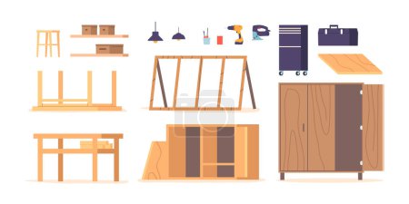 Ilustración de Conjunto de herramientas de montaje de muebles. Destornilladores, llaves, martillos y alicates, así como varios conectores, pernos y tornillos, para facilitar el montaje de piezas de mobiliario. Ilustración de vectores de dibujos animados - Imagen libre de derechos
