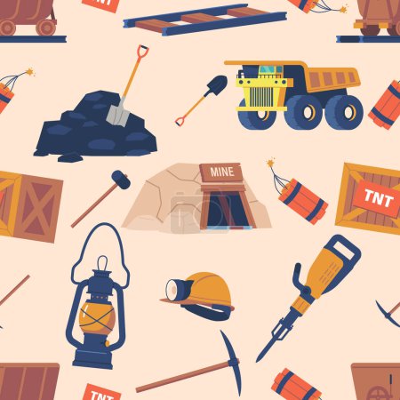 Seamless Pattern With Coal Mining Equipment Features Various Mining Tools And Machinery Such As Helmet, Drill, Truck, And Dinamyte In A Repeating Design For Industrial-themed Vector Backgrounds