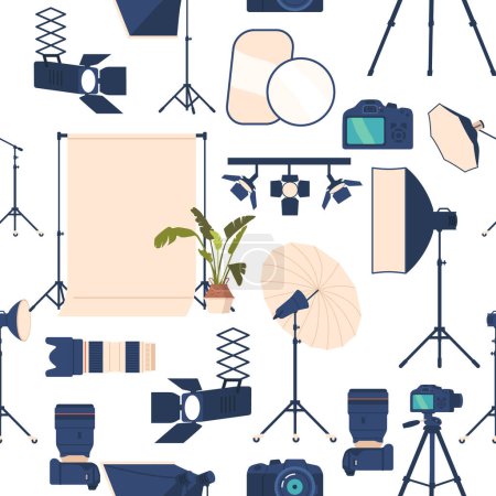 Illustration for Seamless Pattern Featuring Photo Studio Equipment Such As Cameras, Tripods, Lights, And Reflectors. Perfect For Use In Photography-themed Designs And Projects. Cartoon Vector Illustration - Royalty Free Image