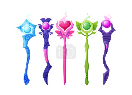 Illustration for Magic Staff Set. Collection Of Powerful Wooden Wands Adorned With Precious Gems And Symbols, Imbued With Mystical Energy For Use In Spells And Enchantments. Cartoon Vector Illustration - Royalty Free Image