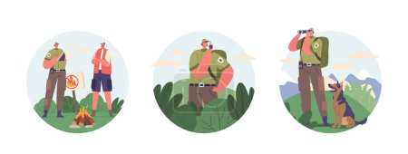 Illustration for Isolated Round Icons with Forester Ranger Character with Dog Providing National Park Services, Issues Fine For Burning Campfire In Forest, Searching Poachers. Cartoon People Vector Illustration - Royalty Free Image