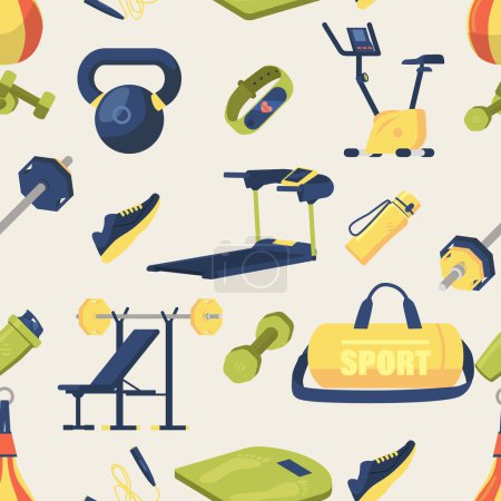 Seamless Pattern Featuring Various Gym Equipment Such As Weights, Dumbbells, Exercise Balls, And Training Apparatus For Fitness Enthusiasts And Gym-goers Design Projects. Cartoon Vector Illustration