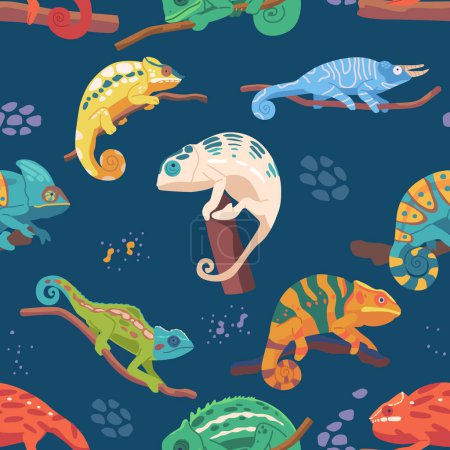 Illustration for Seamless Pattern Of Chameleons In Various Colors And Sizes Arranged In A Repetitive Manner, Creating A Fun And Playful Design Suitable For Textiles, Wallpapers, And Other Decorative Vector Materials - Royalty Free Image