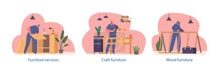 Illustration for Wooden Furniture Assembly Isolated Elements. Worker Characters Arranging And Attaching Wooden Pieces, Using Specialized Tools To Create Craft Furniture Pieces. Cartoon People Vector Illustration - Royalty Free Image
