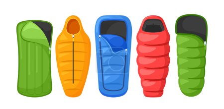 Collection Of Sleeping Bags For Outdoor Enthusiasts. Includes Various Sizes And Styles Suitable For Different Weather Conditions And Activities, Lightweight, And Durable. Cartoon Vector Illustration