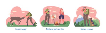 Illustration for Isolated Elements with Forester Ranger Character Feeding Deer, Providing National Park Services, Issues Fine For Burning Campfire In Forest, Searching Poachers. Cartoon People Vector Illustration - Royalty Free Image