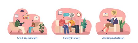 Illustration for Isolated Elements with Parents And Child Visit Clinical Psychologist To Discuss Concerns And Seek Guidance for Family Problems. Therapist Listens And Offers Advice. Cartoon People Vector Illustration - Royalty Free Image