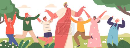 Illustration for Jesus Biblical Character Surrounded By Children, Smiling And Rejoice with Them on Green Summer Meadow. He Blesses Them And Teaches Them With Love And Patience. Cartoon People Vector Illustration - Royalty Free Image