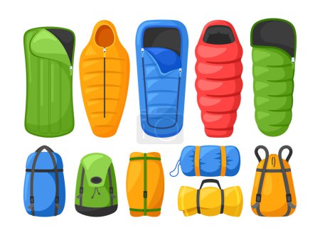 Illustration for Sleeping Bags Set For Outdoor Activities of Different Sizes And Colors. Lightweight, Compact, Waterproof And Durable Materials Perfect For Camping, Hiking, And Backpacking. Cartoon Vector Illustration - Royalty Free Image