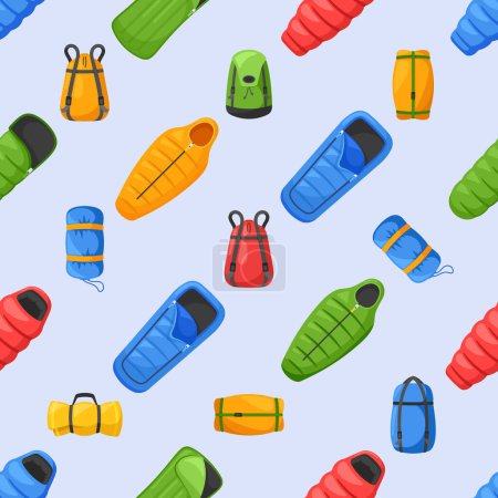 Illustration for Seamless Pattern Features Various Sleeping Bags In Different Colors And Sizes With Zippers, Pillows, And Packs, Repeated Background with Camping and Hiking Gear. Cartoon Vector Illustration - Royalty Free Image