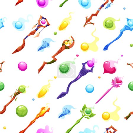 Illustration for Seamless Pattern Featuring Magic Staff Design, Perfect For Mystical And Enchanting Projects. Elements Include Magical Wands, Sticks or Scepters In A Repeating Ornament. Cartoon Vector Illustration - Royalty Free Image