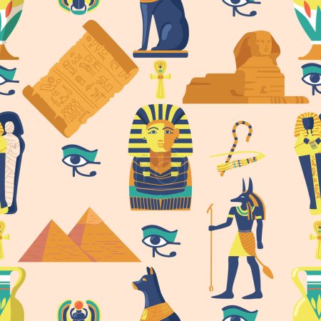 Nahtloses Muster mit Elementen aus dem alten Ägypten verfügt über Pharaonen, Pyramiden, Hieroglyphen, Skarabäen und andere Symbole der Zivilisation, wodurch ein kompliziertes Fliesendesign entsteht. Zeichentrickvektorillustration