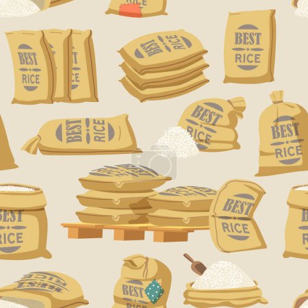 Téléchargez les illustrations : Modèle sans couture avec des sacs de riz dispose d'une conception répétée de sacs de jute naturels couramment utilisés pour le stockage et le transport du riz. Groat Piles and Textile Bags Tile. Illustration vectorielle de bande dessinée - en licence libre de droit