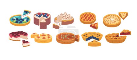 Illustration for Set of Multiple Pies With One Slice Cut Out To Reveal The Filling Inside. Each Pie Has A Unique And Delectable Flavor That Is Perfect For Any Occasion Or Dessert Craving. Cartoon Vector Illustration - Royalty Free Image