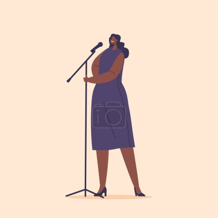 Illustration pour Black Female Singer Character livre des performances de jazz émouvantes avec sa voix puissante et captivante. Elle échappe à la passion, à l'émotion et à la musicalité impeccable. Illustration vectorielle des personnages de bande dessinée - image libre de droit