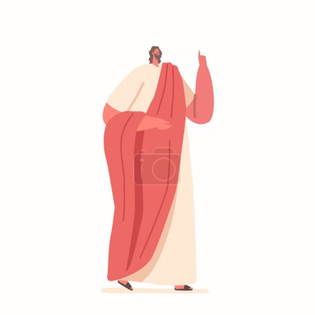 Illustration for Jesus Stands With Hand Pointing Upwards, Conveying Message Of Hope, Guidance, And Inspiration. His Posture Symbolizes Strength And The Connection Between Heaven And Earth. Cartoon Vector Illustration - Royalty Free Image