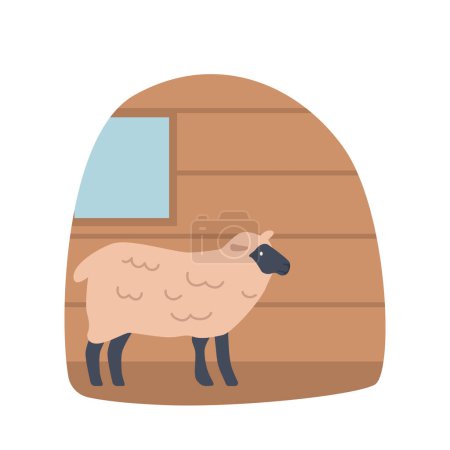 Téléchargez les illustrations : Moutons dans la grange, biberons, animaux laineux dans un abri rustique. Ambiance confortable, scène typique de la ferme dans la zone rurale de bétail avec des murs en bois et moutons. Illustration vectorielle de bande dessinée - en licence libre de droit
