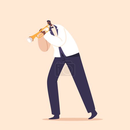 Illustration for Talented Black Musician Character Playing A Soulful Jazz Melody On His Trumpet, Captivating The Audience With His Smooth And Powerful Sound. Cartoon People Vector Illustration - Royalty Free Image