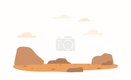 Illustration for Dry, Arid, Barren Landscape, Dotted With Boulders And Stones Of Various Sizes, With No Vegetation Or Signs Of Life. The Vast Expanse Of The Rocky Desert Terrain. Cartoon Vector Illustration - Royalty Free Image