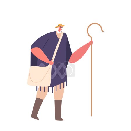 Illustration for Shepherd Male Character With Staff Is A Pastoral Image Of A Man Who Tends To Sheep And Other Livestock Using A Long Stick Isolated on White Background. Cartoon People Vector Illustration - Royalty Free Image