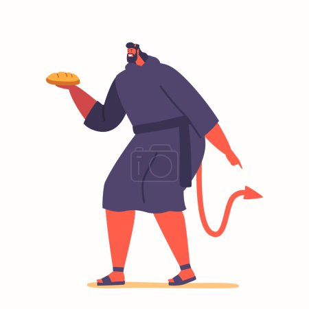 Illustration for Devil Character With Bread in Hands Symbolizes Satans Temptation Of Jesus In The Wilderness, Offering Him Food In Exchange For His Loyalty Isolated on White. Cartoon People Vector Illustration - Royalty Free Image
