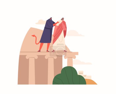Jesus Resists The Devils Temptation To Jump Off The Temple, Relying On Scripture And Faith Instead Of The Devils Persuasion. Biblical Episode with Characters of Satan and Jesus. Vector Illustration