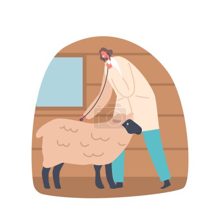 Ilustración de Veterinaria Doctor carácter femenino comprueba ovejas para la salud y el bienestar. Examina los latidos del corazón, administra vacunas y medicamentos para prevenir enfermedades y lesiones. Dibujos animados Gente Vector Ilustración - Imagen libre de derechos