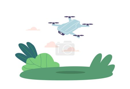 Téléchargez les illustrations : Drone s'élève au-dessus d'une prairie verte luxuriante, capturant une vue aérienne imprenable sur le vaste paysage ci-dessous, avec des arbres imposants, des ruisseaux qui coulent et des collines douces. Illustration vectorielle de bande dessinée - en licence libre de droit