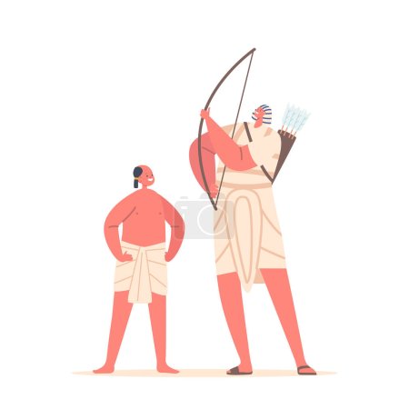 Illustration for People Of Ancient Egypt Little Boy with Shaved Head wear Kilt and Archer Warrior Male Character holding Bow and Arrows, Egyptians Isolated on White Background. Cartoon Vector Illustration - Royalty Free Image