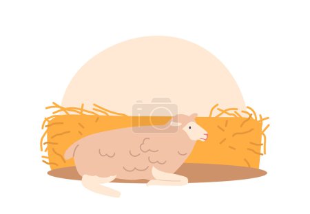 Téléchargez les illustrations : Moutons dans la grange. Espace chaleureux et confortable avec du foin et des murs en bois. Reposez-vous, mangez et socialisez. Sons de leur blanchiment et bruissement de laine remplissent l'air. Illustration vectorielle de bande dessinée du bétail agricole - en licence libre de droit