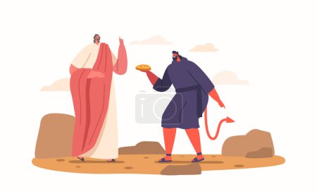 Jesus Resists Devils Temptations Of Bread During His 40-day Fast In The Desert, Demonstrating His Spiritual Strength And Commitment To His Divine Mission. Cartoon People Vector Illustration