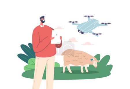El personaje masculino del granjero emplea drone para monitorear ovejas y ganado, utilizando tecnología aérea para observar patrones de pastoreo, comportamiento del rebaño, salud y bienestar. Dibujos animados Gente Vector Ilustración