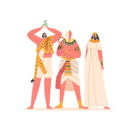 Illustration for Ancient Egyptians Shaman, Pharaoh and Woman Characters. People of Egypt Civilization, Important Society Figures With Spiritual And Political Power And Distinctive Clothing. Cartoon Vector Illustration - Royalty Free Image