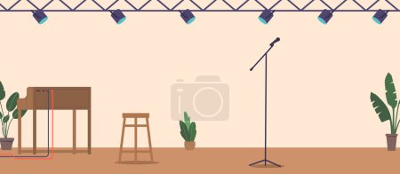 Ilustración de Configuración de piano y micrófono en el escenario listo para una actuación. The Spotlight lanza un cálido resplandor sobre los instrumentos, invitando al artista a compartir su música con el público. Ilustración de vectores de dibujos animados - Imagen libre de derechos