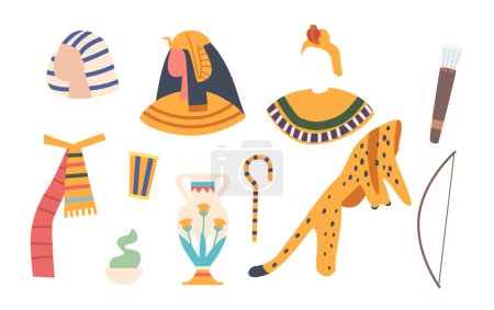 Illustration for Set of Ancient Egyptian Items Pharaoh Wig and Staff, Golden Jewelry, Female Head with Gold Crown, Leopard Skin, Magic Potion, Bow, Quiver with Arrows,Water Jug. Cartoon Vector Illustration - Royalty Free Image