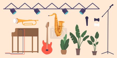 Illustration for Set of Icons Related to Music Concert, Piano, Trumpet, Saxophone, Electric Guitar and Microphone with Spotlight Illumination and Potted Plants Isolated Elements. Cartoon Vector Illustration - Royalty Free Image