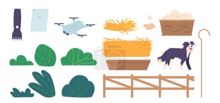Ilustración de El equipo de ganado ovino incluye herramienta de cizallamiento, trimmer, bebederos, alimentador de heno, personal de pastor y perro, quadcopter y esgrima para proteger y contener a los animales. Ilustración de vectores de dibujos animados - Imagen libre de derechos