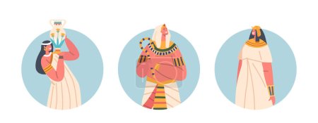 Téléchargez les illustrations : Icônes rondes isolées ou Avatars, Pharaon égyptien avec le personnel et les personnages féminins portent une robe longue et tenant cruche avec de l'eau. Ancient Society Personages. Illustration vectorielle des personnages de bande dessinée - en licence libre de droit