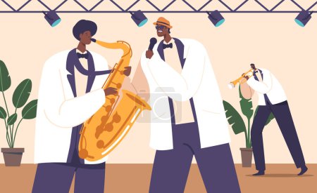 Illustration for Musicians and Singer Characters Perform Jazz Live On Stage, Improvising And Communicating Through Music, Provides A Foundation For The Melody And Solos. Cartoon People Vector Illustration - Royalty Free Image